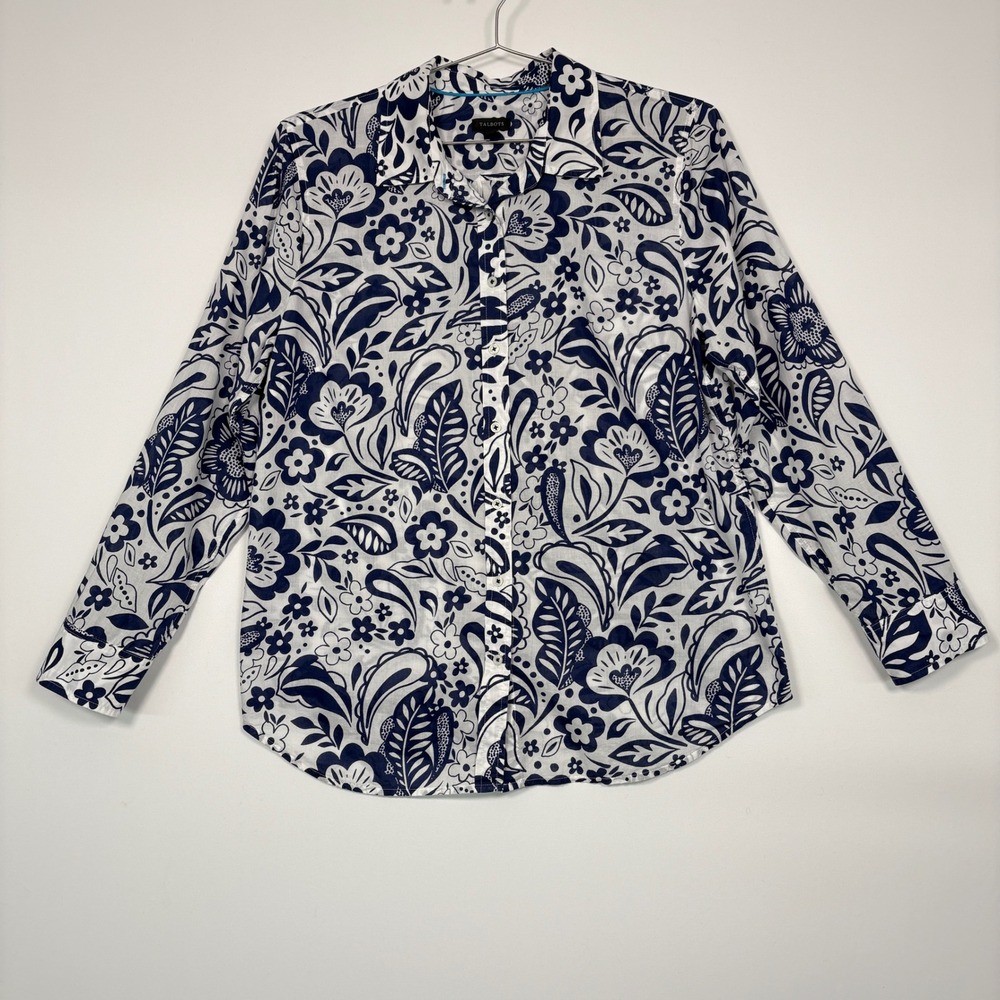 Talbots Women Button Down Shirt L Blue White Floral Paisley Cotton Long Sleeve